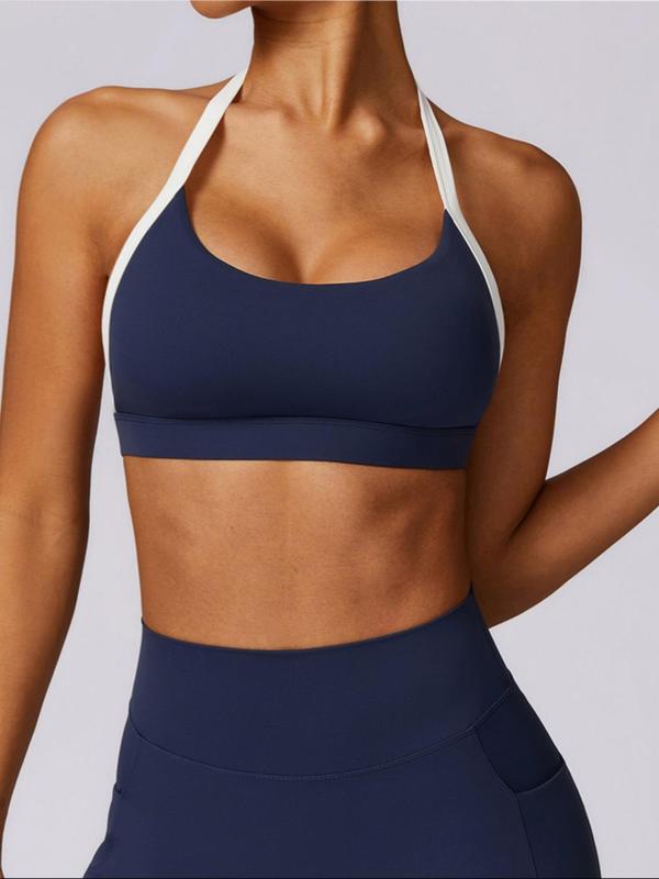 Women's Colorblock Halter Neck Sports Bra, Sporty Backless Push Up Sports Bra, Summer Clothes Women, Ladies Sportswear for Indoor Outdoor Wear