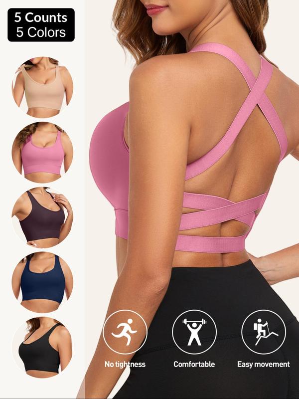 Sporty Women's Solid Color Criss Cross Sports Bra, Removable Chest Pads Wireless Sports Lingerie Top, Ladies Sportswear for Indoor Outdoor Wear