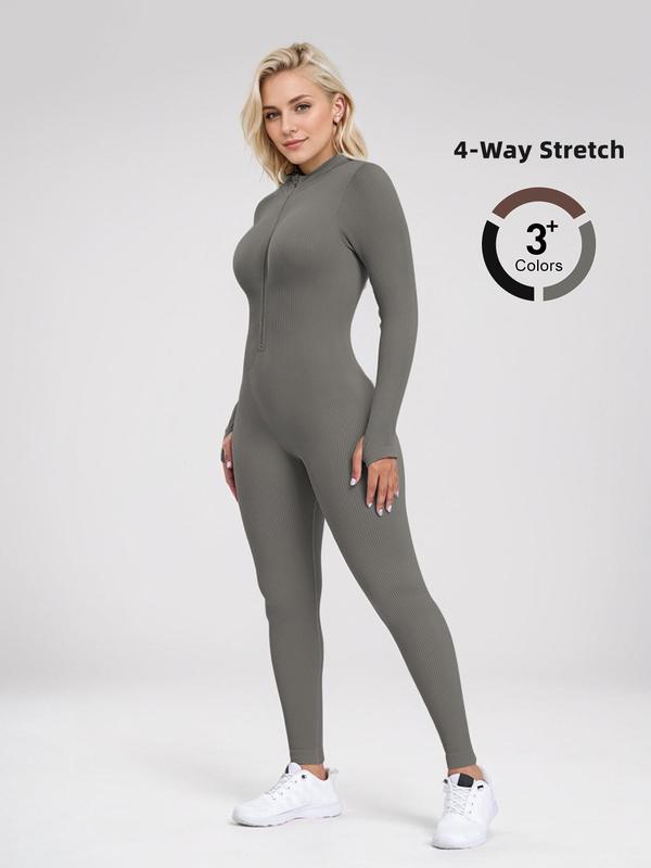 Women's Solid Zip Up Thumb Hole Sports Jumpsuit, Casual Comfy Long Sleeve Jumpsuit for Yoga Gym Workout, Ladies Sportswear for All Seasons