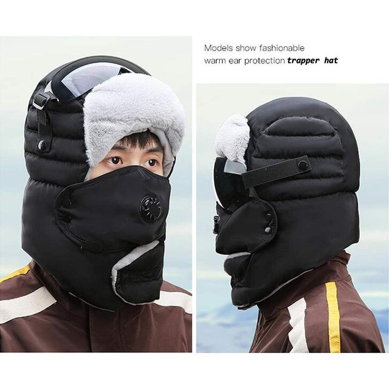 Unisex Warm Waterproof Trapper Hat with Ear Flap Detachable Goggles Mask Womens Men Windproof Thermal Winter Hat