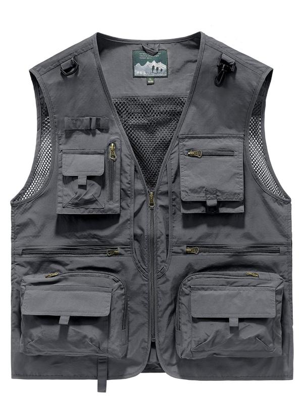 Men's Contrast Mesh Multi-Pocket Zipper Sports Vest, Summer Clothes Casual Regular Fit Breathable V Neck Sleeveless Waistcoat for Outdoor Cycling Fishing, Fashion Men's Sportswear