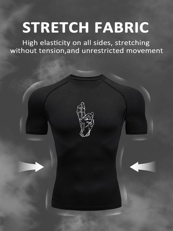 Men's Regular Fit Hand Print Round Neck Sports Tee, Quick Drying Breathable Crew Neck T-shirt for Gym Workout Running, Casual Sporty Top for Spring & Fall