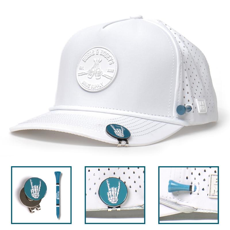 BRIMZ Golf Performance Hat - Breathable Sweat & Water Resistant Golfing Snapback Cap with Tee Holder & Magnetic Ball Marker (White - Beers & Bogeys)