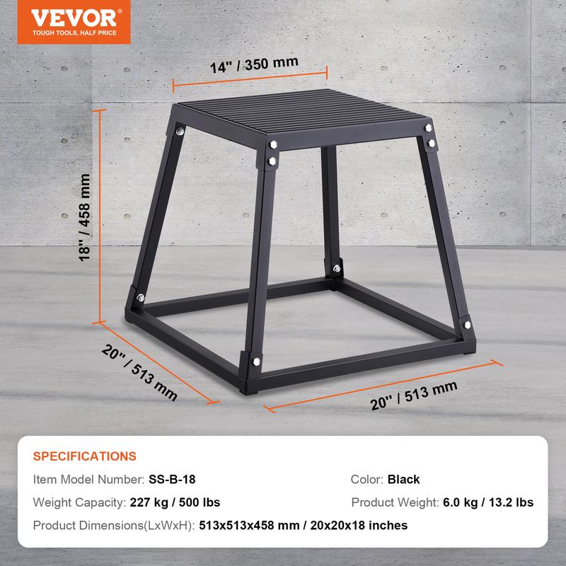 VEVOR Plyometric Jump Box, 18 Inch Plyo Box, Steel Plyometric Platform and Jumping Agility Box, Anti-Slip Fitness Exercise Step Up Box for Home Gym Training, Conditioning Strength Training, Black