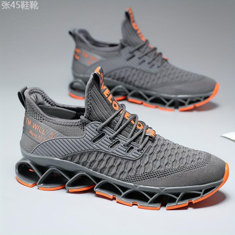 Men's Trendy Woven Knit Breathable Blade Type Running Shoes With Good Shock Absorption, Comfy Non Slip Durable Sneakers For Men's Outdoor Activities Closed Training