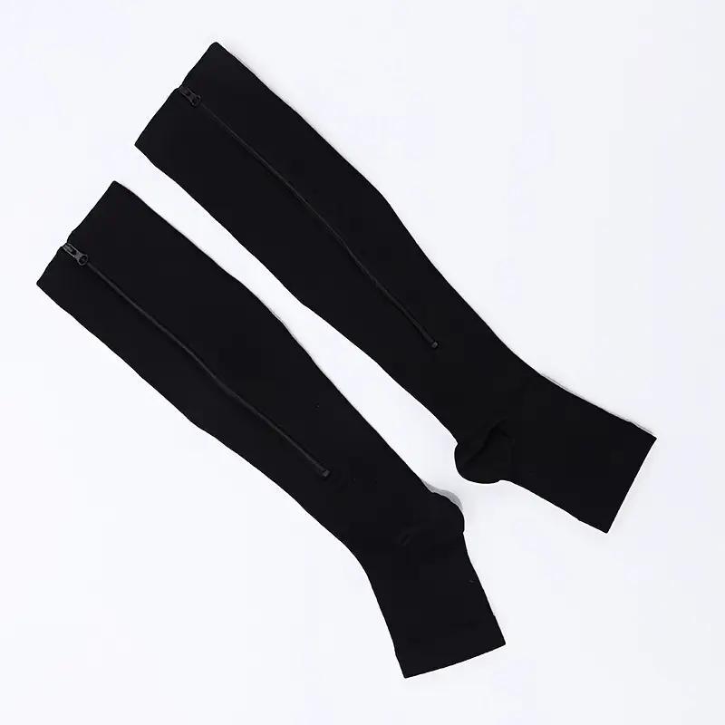 Zipper Compression Socks, 1 Pair Solid Color High Knee Socks, Breathable Comfortable Sports Protective Socks for Running Jogging Cycling