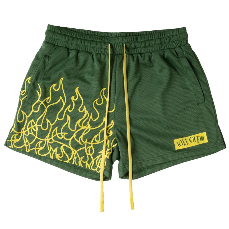 [Kill Crew] Muay Thai Shorts Flame - Green   Yellow, Unisex, Mid Thigh Cut, Pockets, Gym Shorts, Elastic Waistband, Long drawcord with wax tips