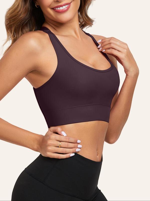 Sporty Women's Solid Color Criss Cross Sports Bra, Removable Chest Pads Wireless Sports Lingerie Top, Ladies Sportswear for Indoor Outdoor Wear