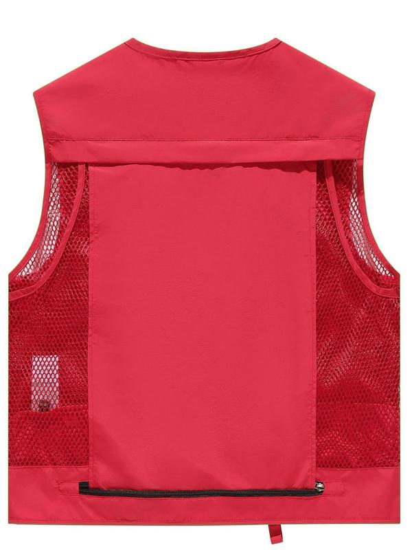 Men's Contrast Mesh Multi-Pocket Zipper Sports Vest, Summer Clothes Casual Regular Fit Breathable V Neck Sleeveless Waistcoat for Outdoor Cycling Fishing, Fashion Men's Sportswear