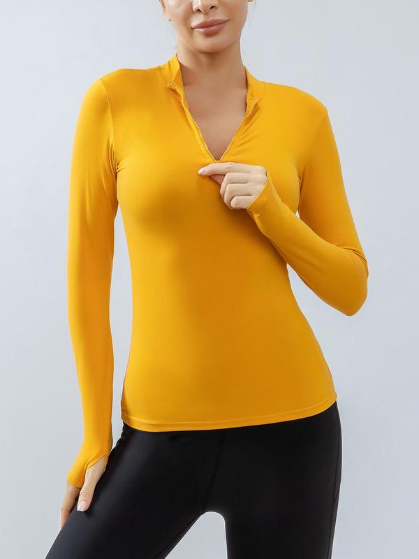 Women's Stand Collar Compression Shirt with Thumb Holes, Solid Half Zipper Sports T-Shirt Top, High Stretch Long Sleeve Slim Sports Jackets for Gym Workout Yoga Running, Women's Sportswear Clothing for Outdoor, Fall Outfits, Fallfreshness