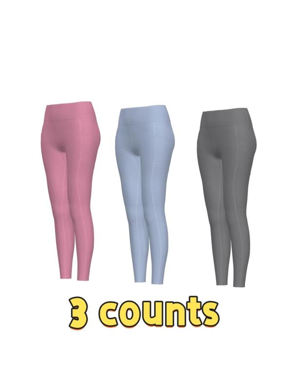 Women's Solid High Waist Pocket Sports Leggings, Sporty Comfy Breathable Skinny Pants for Yoga Gym Workout, Ladies Sportswear for All Seasons