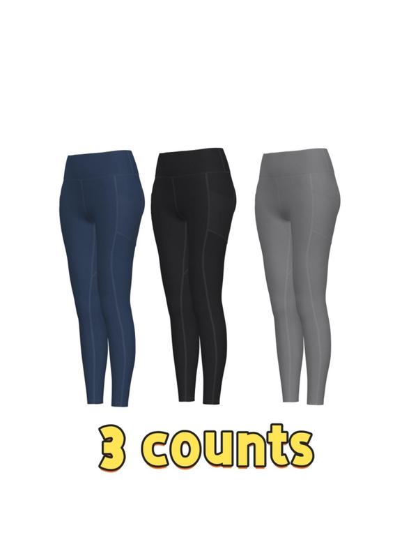 Women's Solid High Waist Pocket Sports Leggings, Sporty Comfy Breathable Skinny Pants for Yoga Gym Workout, Ladies Sportswear for All Seasons