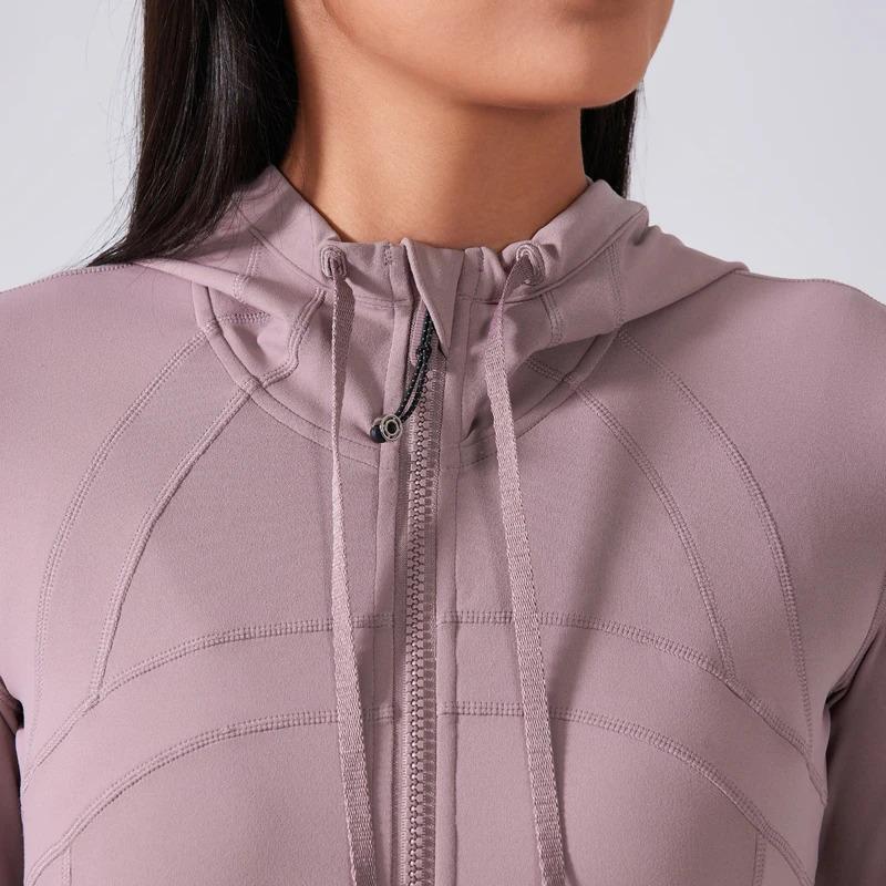 Women Define Jacket with Pockets Hooded Thumbholes Zipper Flex Slim Yoga Riding Running Exercise Sport Top