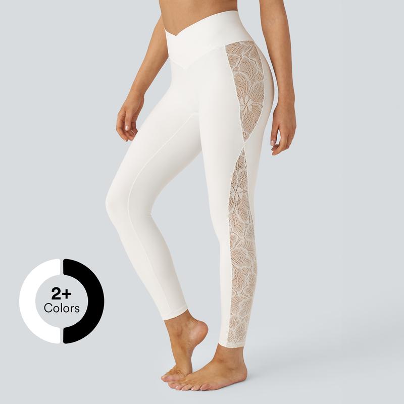 Halara Softlyzero™ High Waisted Crossover Contrast Lace Yoga 7 8 Leggings-UPF50+