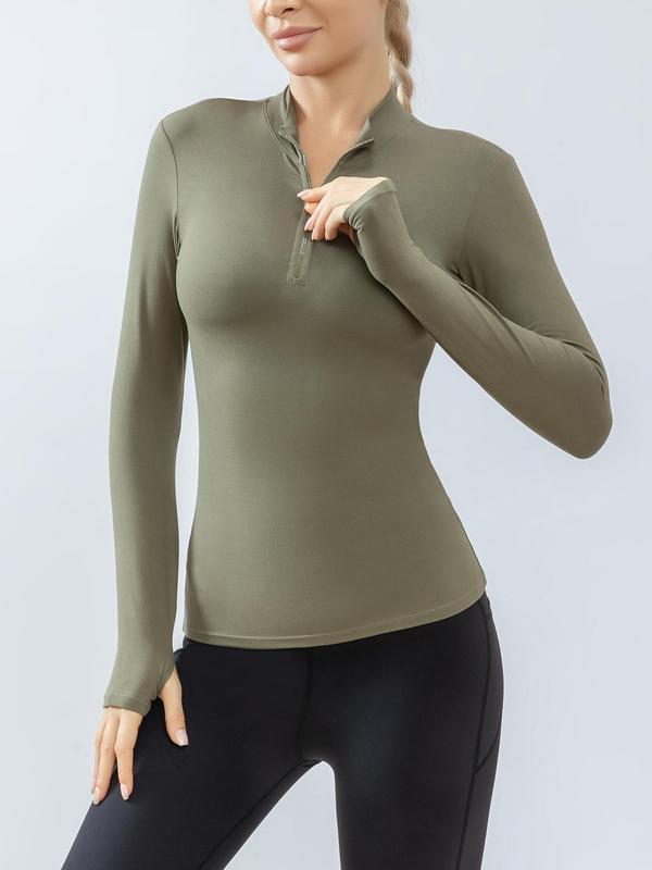 Women's Stand Collar Compression Shirt with Thumb Holes, Solid Half Zipper Sports T-Shirt Top, High Stretch Long Sleeve Slim Sports Jackets for Gym Workout Yoga Running, Women's Sportswear Clothing for Outdoor, Fall Outfits, Fallfreshness