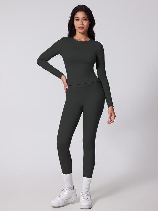 Women's Solid Long Sleeve Tee & High Waist Leggings Tracksuit Set, Sporty Breathable Comfy for Yoga Gym Workout Running, Ladies Sportswear for Fall & Winter