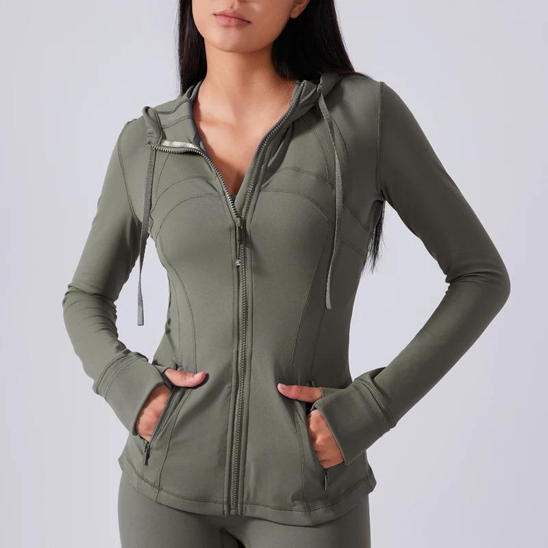 Women Define Jacket with Pockets Hooded Thumbholes Zipper Flex Slim Yoga Riding Running Exercise Sport Top