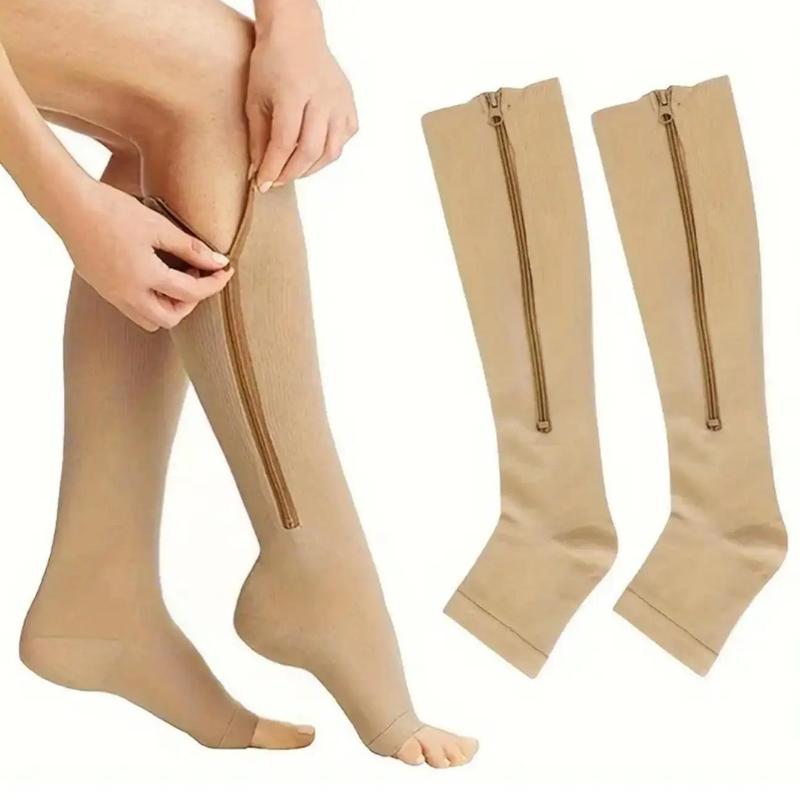 Zipper Compression Socks, 1 Pair Solid Color High Knee Socks, Breathable Comfortable Sports Protective Socks for Running Jogging Cycling