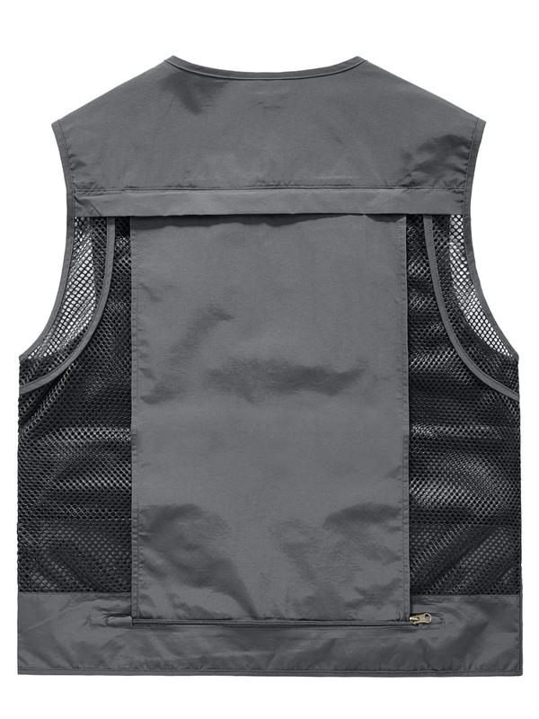 Men's Contrast Mesh Multi-Pocket Zipper Sports Vest, Summer Clothes Casual Regular Fit Breathable V Neck Sleeveless Waistcoat for Outdoor Cycling Fishing, Fashion Men's Sportswear