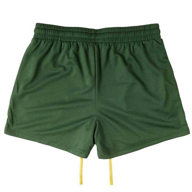 [Kill Crew] Muay Thai Shorts Flame - Green   Yellow, Unisex, Mid Thigh Cut, Pockets, Gym Shorts, Elastic Waistband, Long drawcord with wax tips