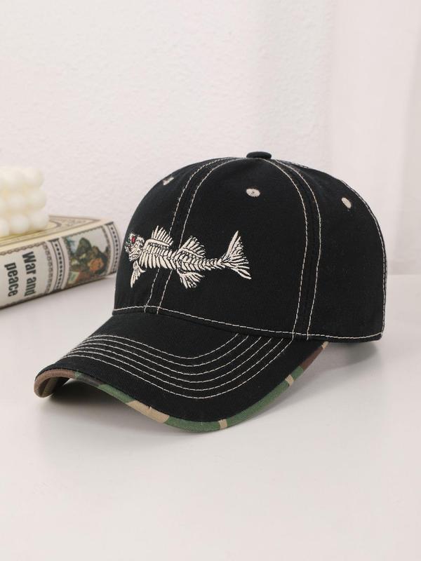 Unisex Street Style Fish Bone Embroidered Baseball Cap, Casual Trendy Baseball Hat, Fashionable All-match Accessories for Men & Women for All Season