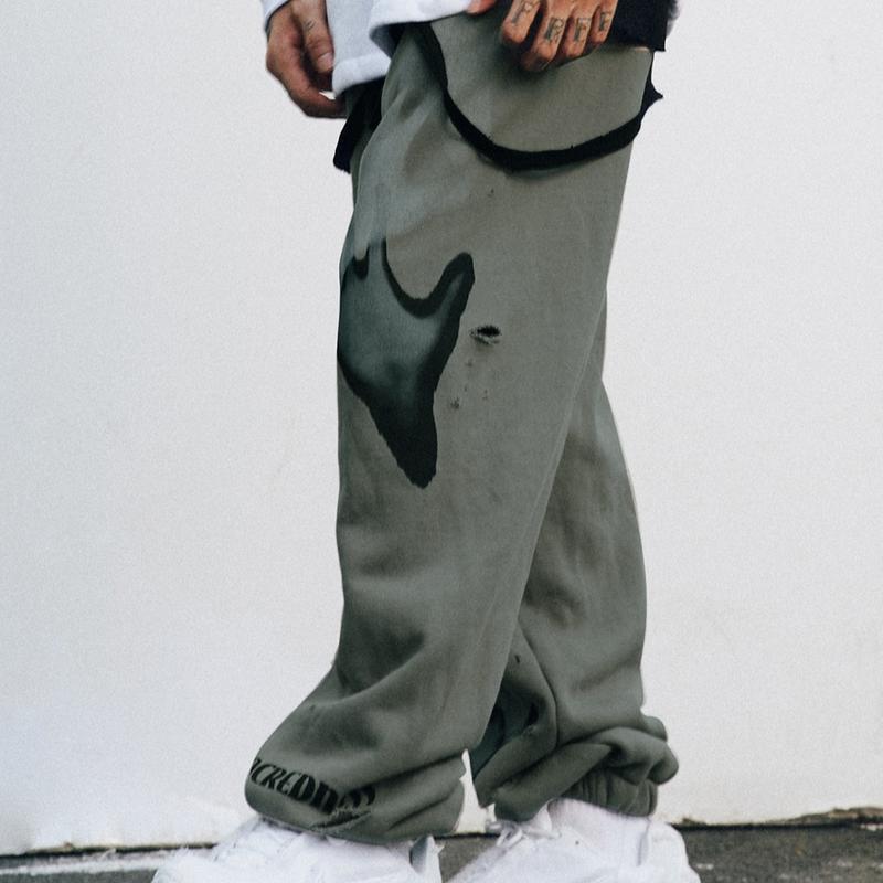 Niepce Streetwear Ripped Sweatpants Grey Green Ghost Hands Graphic Jogger Pants