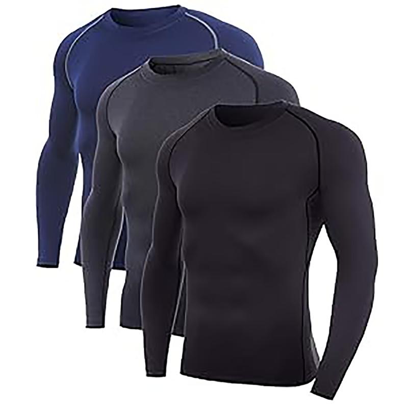 SILKWORLD Men's Long-Sleeve Compression Shirt Base-Layer Running Top, Pack of 2-3