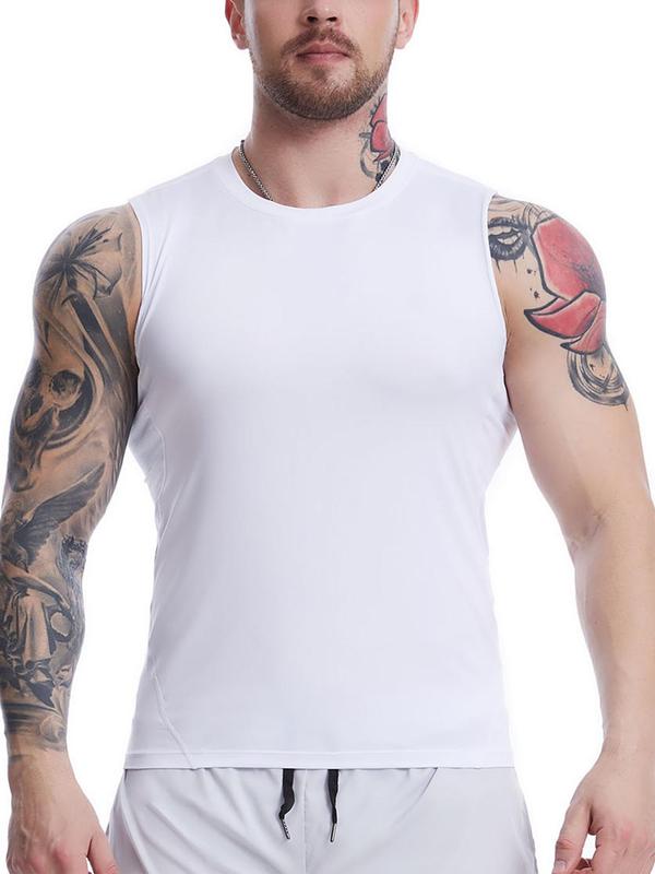 Men's Solid Round Neck Top-Stitching Sports Vest, Quick Drying Breathable Crew Neck Sleeveless Tank Top for Basketball Running Gym Workout, Casual Sporty Top for Summer