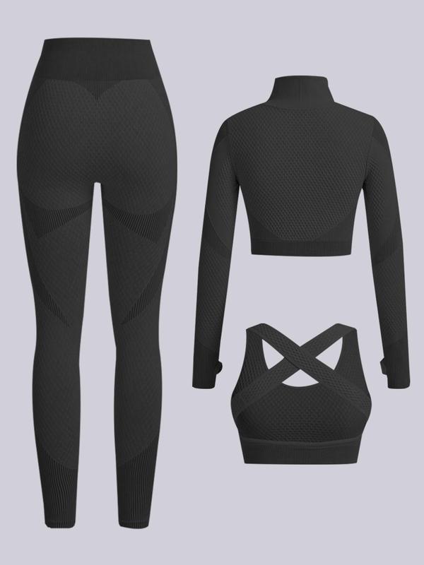 Three-Piece Set Women's Colorblock Zipper Crop Top & High Waist Leggings & Bra Set, High Stretch Seamless Shapewear Set, Tummy Control Shapewear Set for Women Shaper Clothes