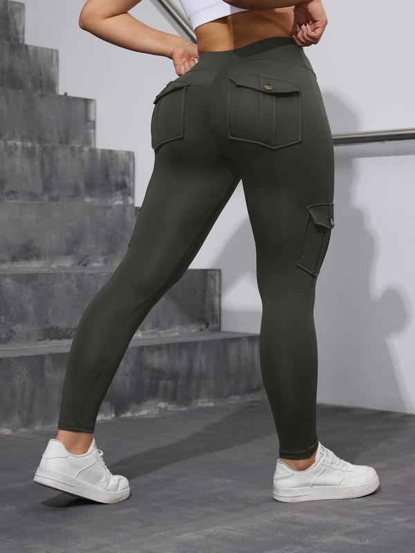 Women's Solid High Waist Pocket Sports Leggings, Sporty Comfy Breathable Skinny Pants for Yoga Gym Workout Running, Ladies Sportswear for All Seasons