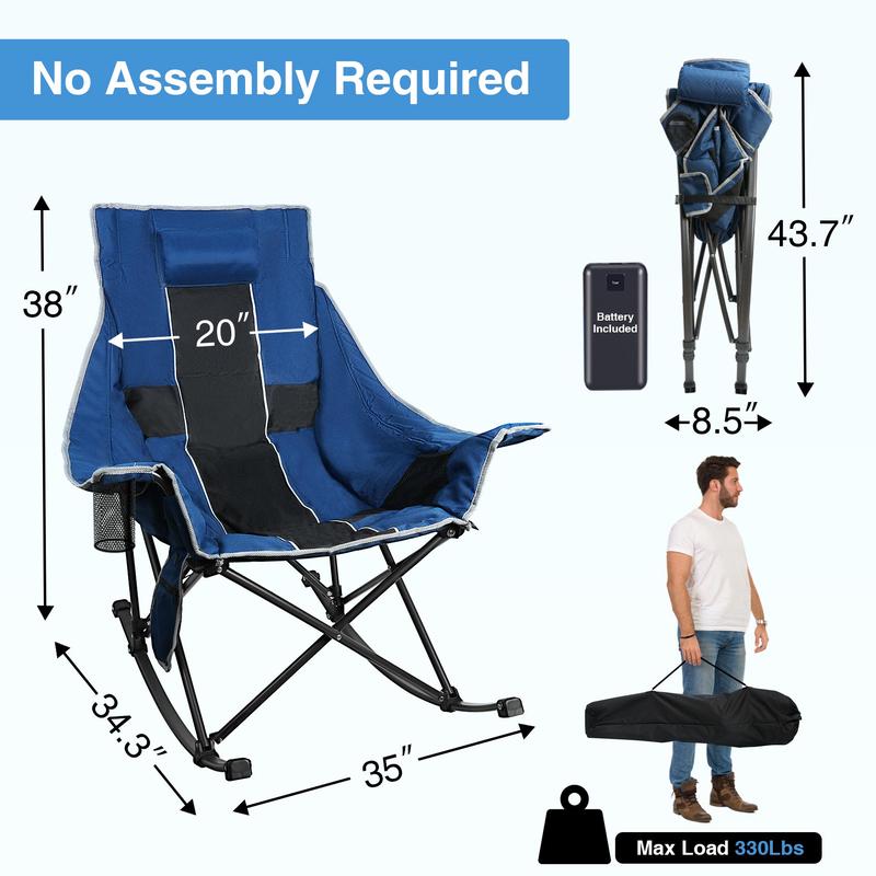 Heated Camping Rocking Chair with Power Bank - 3 Levels Heat for Back+Seat, Padded Rocking Lawn Chair with Pillow, Side Pocket, Carry Bag