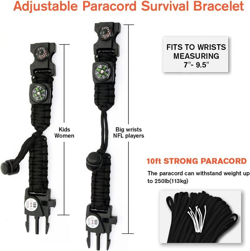 20 in 1  Paracord Bracelet Adjustable Gear Kit with SOS LED Light, Fire Starter, Bigger Compass,  Whistle,  for Camping, Hiking, Fishing