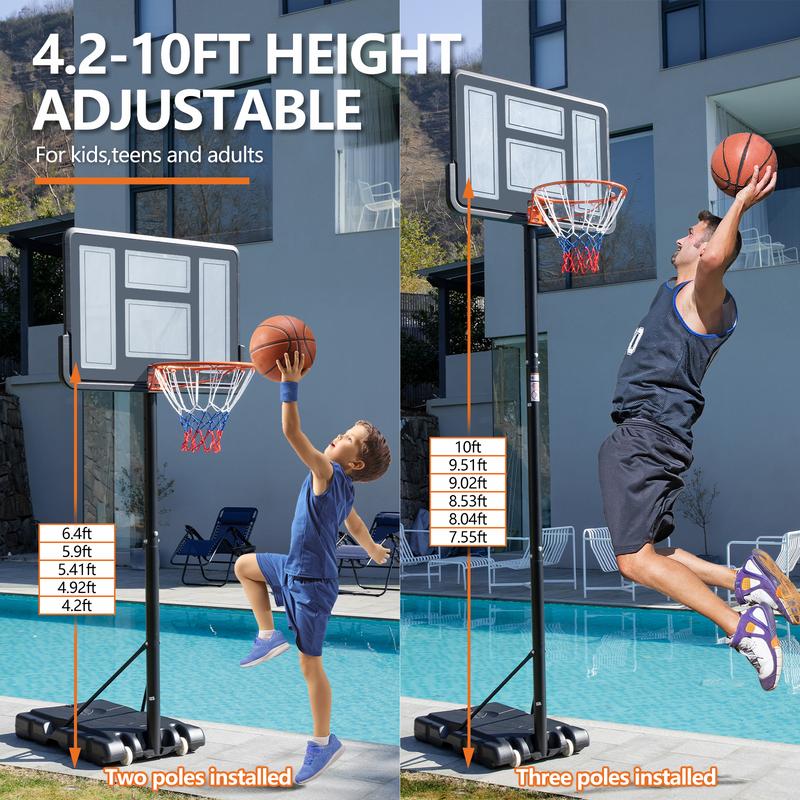 Basketball Hoop Outdoor 4.2-10ft Adjustable Height, Portable Basketball Hoop Goal Court System for Kids Adults, 44 Inch Shatterproof Backboard