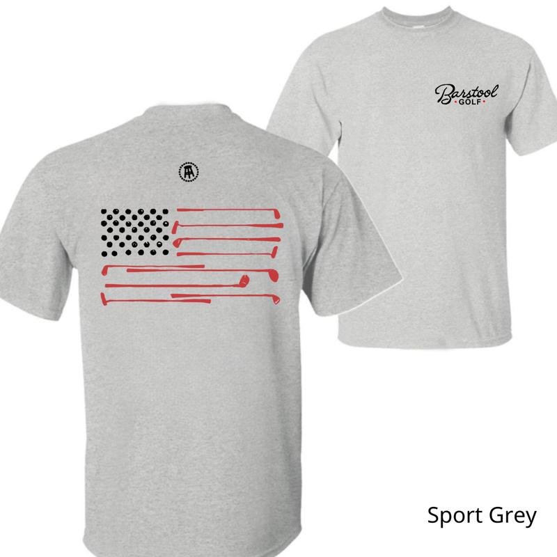 Barstool Golf T-Shirt - American Flag with Golf Clubs Graphic, Energetic Style, Ideal for Fans of Golf and Classic American Look. Menswear