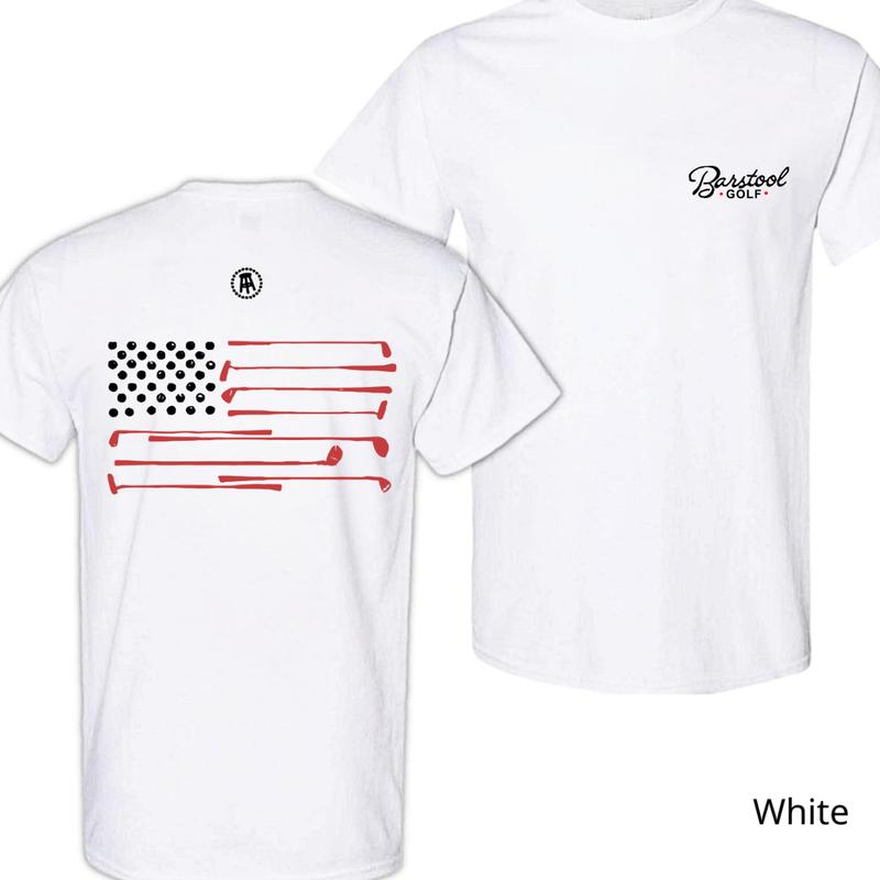 Barstool Golf T-Shirt - American Flag with Golf Clubs Graphic, Energetic Style, Ideal for Fans of Golf and Classic American Look. Menswear