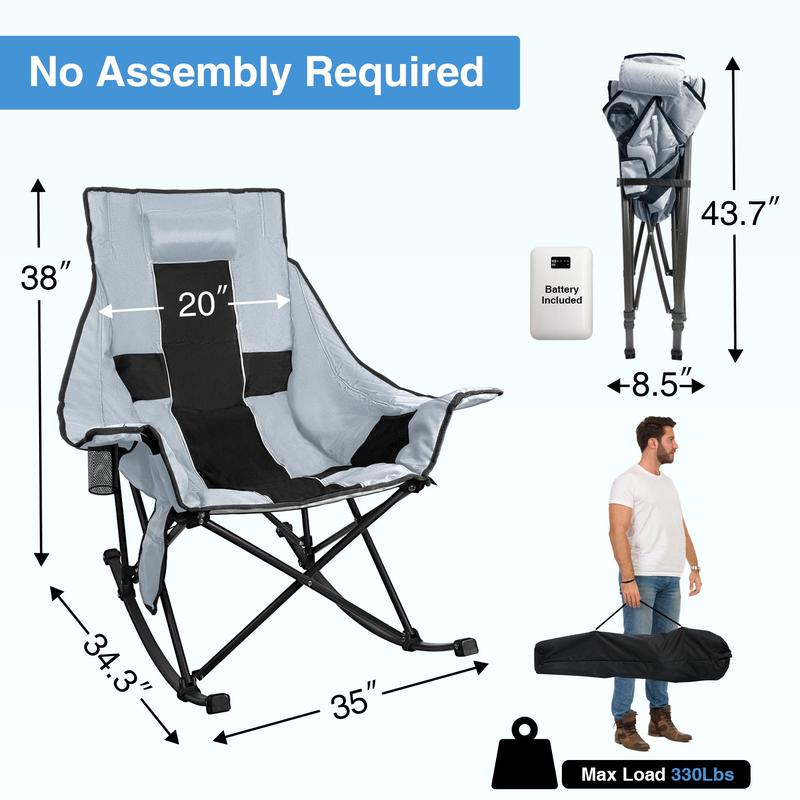 Heated Camping Rocking Chair with Power Bank - 3 Levels Heat for Back+Seat, Padded Rocking Lawn Chair with Pillow, Side Pocket, Carry Bag