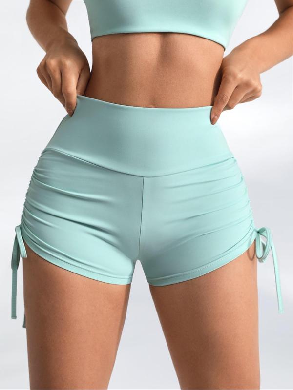 Women's Solid Ruched Drawstring Sports Shorts, Gym Shorts, High Waist Skinny Shorts, Ladies Sportswear for Indoor Outdoor Wear