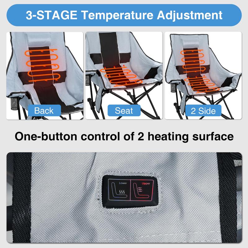 Heated Camping Rocking Chair with Power Bank - 3 Levels Heat for Back+Seat, Padded Rocking Lawn Chair with Pillow, Side Pocket, Carry Bag