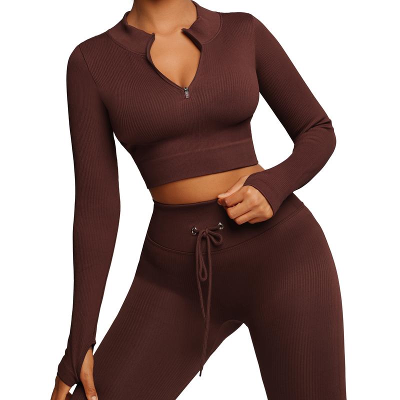 FeelinGirl Seamless Long Sleeve Sportswear Set Workout Set Crop Top  Leggings