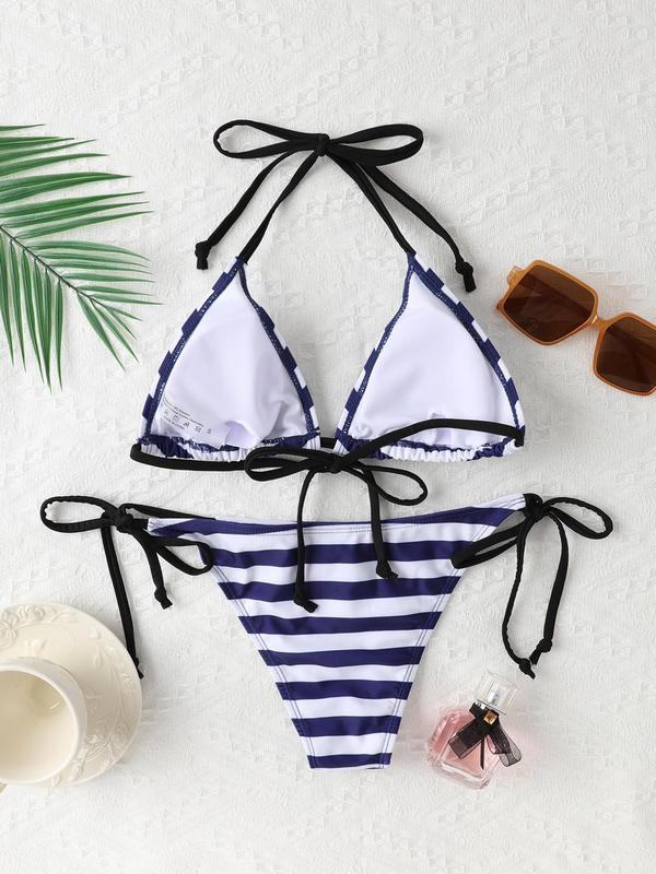 Two-Piece Set Women's Striped Print Tie Back Bikini Set, Casual Halter Neck Triangle Swim Bra & Tie Side Swim Bottom, Fashion Chic Ladies Bathing Suit for Summer Beach Holiday Vacation