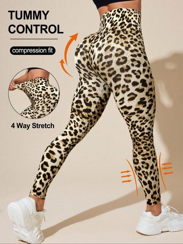 Women's Leopard Print High Waist Sports Leggings, Sporty Casual Comfy Breathable Skinny Pants for Yoga Gym Workout Running, Ladies Sportswear for All Seasons