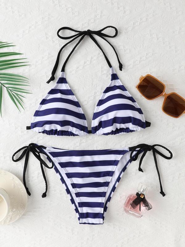 Two-Piece Set Women's Striped Print Tie Back Bikini Set, Casual Halter Neck Triangle Swim Bra & Tie Side Swim Bottom, Fashion Chic Ladies Bathing Suit for Summer Beach Holiday Vacation