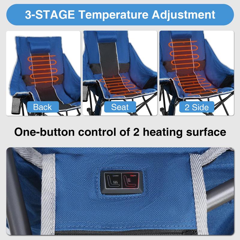 Heated Camping Rocking Chair with Power Bank - 3 Levels Heat for Back+Seat, Padded Rocking Lawn Chair with Pillow, Side Pocket, Carry Bag