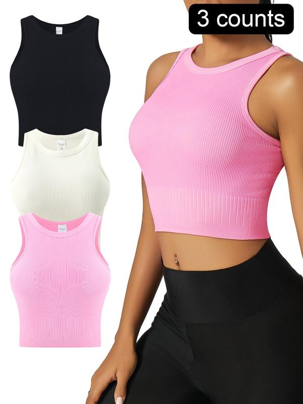 Sporty Women's All Over Print Crew Neck Cropped Sports Vest, Plain Minimalist Casual Comfort Round Neck Sleeveless Sports Crop Tank Top, Workout Gym Yoga Exercise Clothing for Women, Womenswear Tops