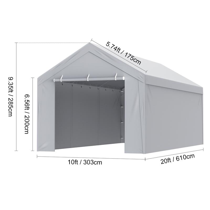 VEVOR Carport Replacement Canopy Cover Top + Side Wall 10 x 20 ft, Garage Tent Shelter Tarp Heavy-Duty Waterproof & UV Protected, Easy Installation with Ball Bungees,White (Frame Not Included)