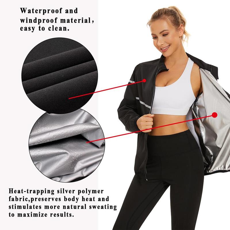 Women's Sauna Suit Designed for Maximum Heat and Sweat, featuring Reflective Silver Logo, Zippered Long Sleeves, and Pleated Details for a Secure and Comfortable Fit - Optimal for Weight Loss and Fitness Goals