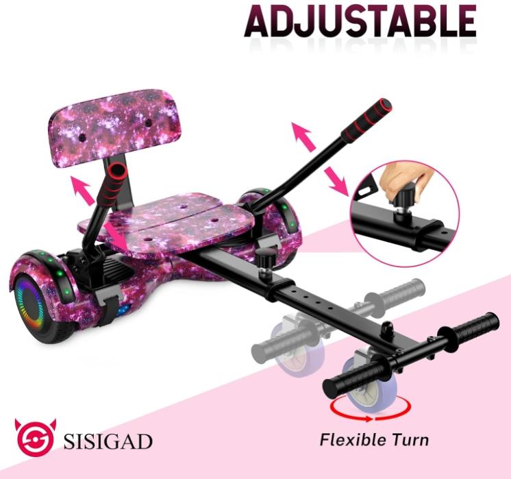 SISIGAD Hoverboard with Seat Attachment, 6.5'' Self Balancing Hoverboards Go Kart with Bluetooth and LED Lights, Star Purple Scooter with Seat Attachment Combo