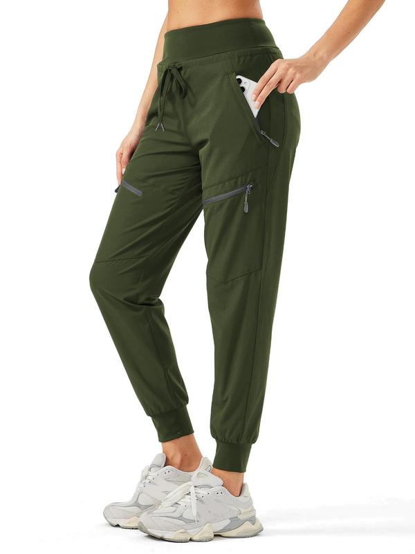 Women's Solid Drawstring Waist Zipper Pocket Joggers, Lightweight High Waist Zipper Hiking Pants, Sports Outdoor Bottoms, Quick Dry Travel Athletic Pants