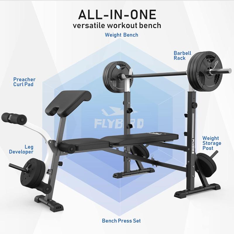 FLYBIRD Standard Weight Bench, Bench Press Set with Preacher Curl Pad and Leg Developer for Home Gym Full-Body Workout