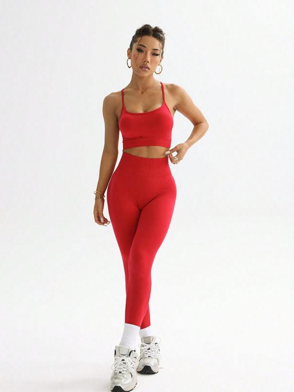 Sporty Women's Plain Criss Cross Backless Crop Cami Top & High Waist Ruched Skinny Pants Sportswear Set, Sport Comfy Breathable for Yoga Gym Workout Running, Ladies Sportswear for All Seasons